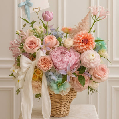 Bouquet of flowers in a woven basket with a white ribbon against a neutral wall.