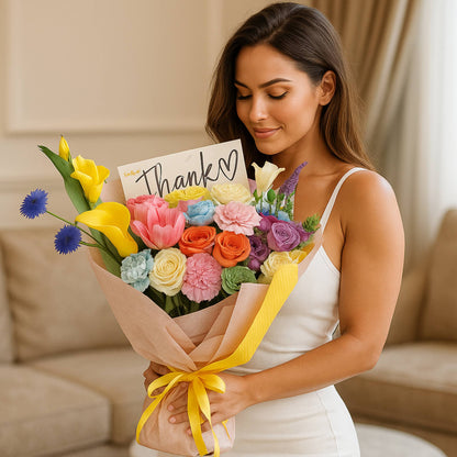 Woman holding a bouquet of flowers with a 'Thank you' card indoors.