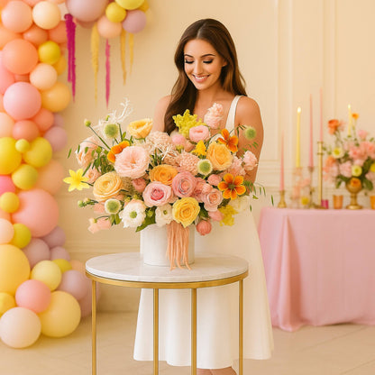Woman holding a large bouquet of flowers in a decorated room with balloons and candles.