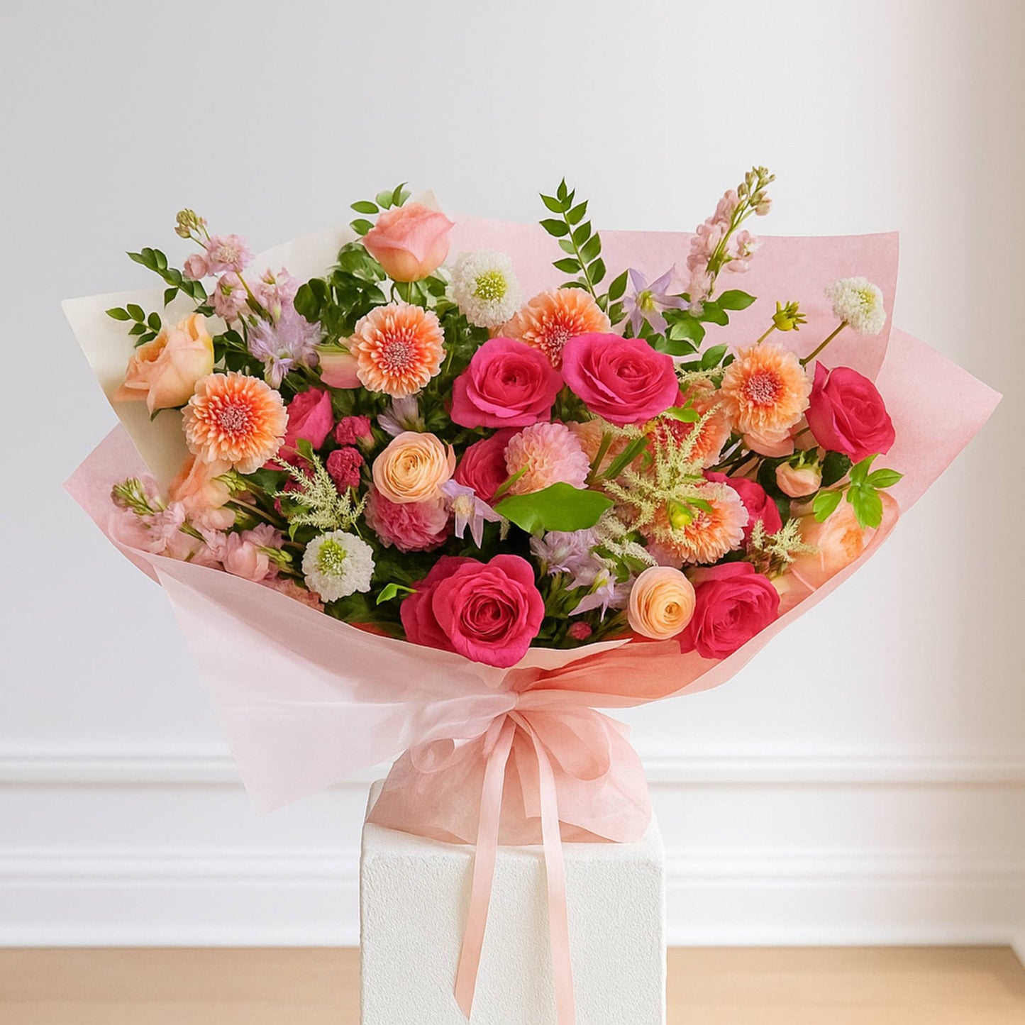 Bouquet of flowers with pink and orange tones on a white background
