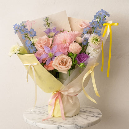 Bouquet of flowers with colorful ribbons on a marble surface