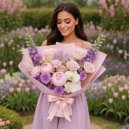 Woman holding a bouquet of flowers in a garden setting