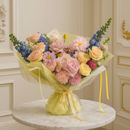 Bouquet of flowers wrapped in yellow paper on a marble surface with a decorative wall background