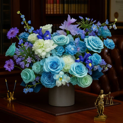 Bouquet of blue, white, and purple flowers in a gray vase on a wooden surface.