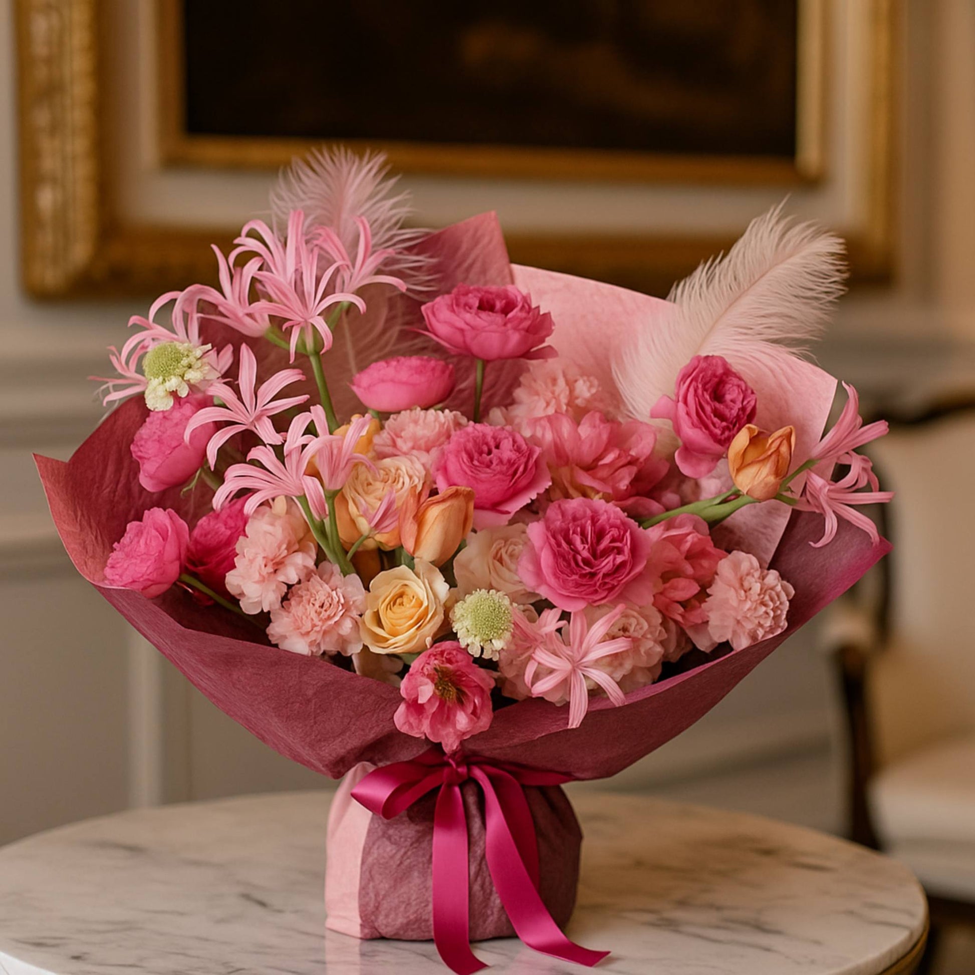 Bouquet of pink and multicolored flowers on a marble surface with a blurred indoor background