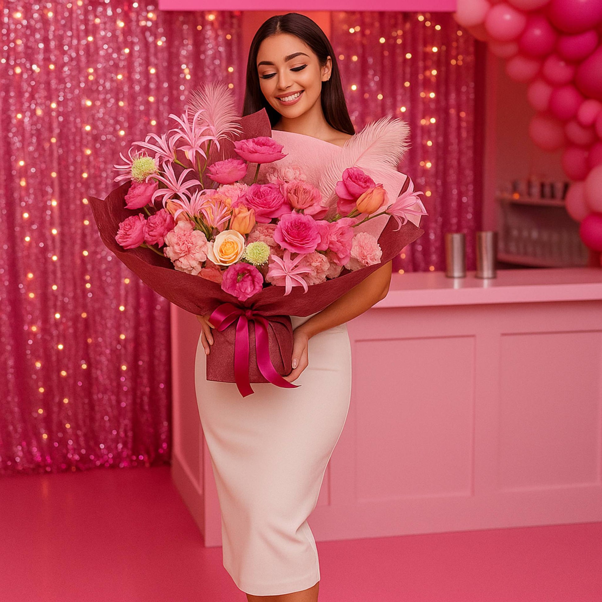 Woman holding a bouquet of flowers in a pink-themed room