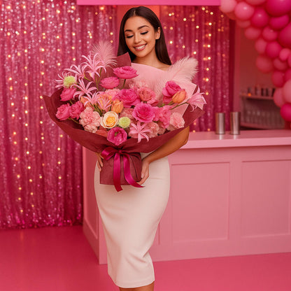Woman holding a bouquet of flowers in a pink-themed room