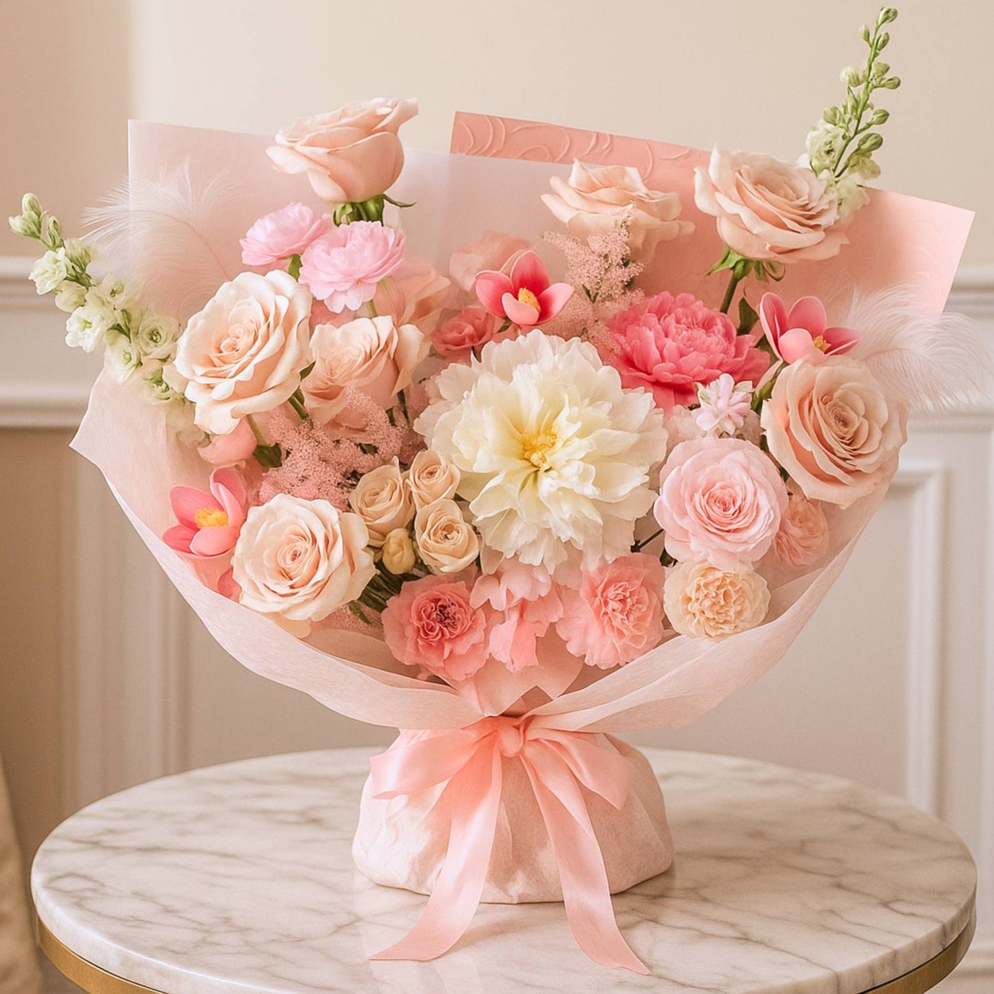 Bouquet of pink and white flowers wrapped in pink paper on a marble surface.