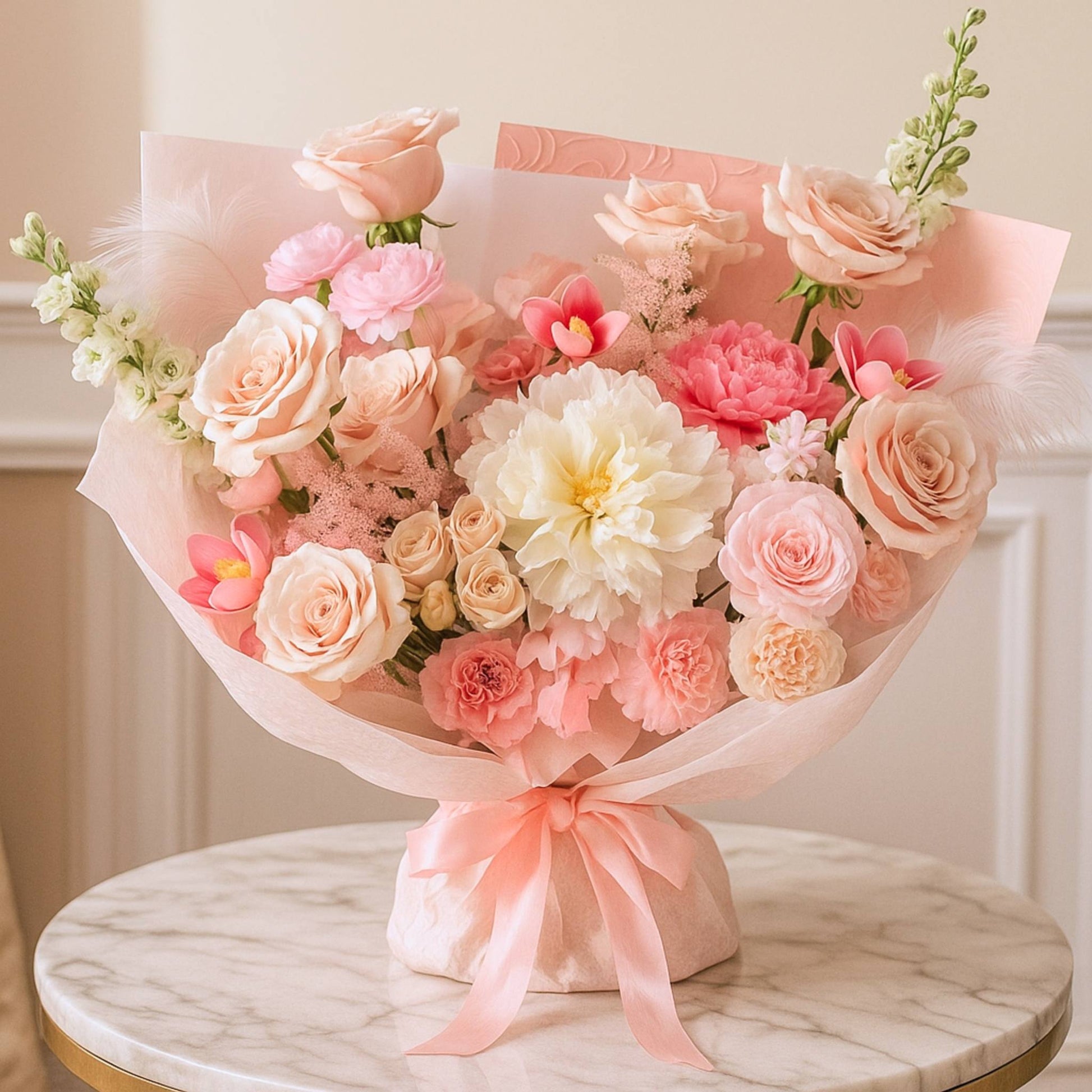 Bouquet of pink and white flowers wrapped in pink paper on a marble surface.