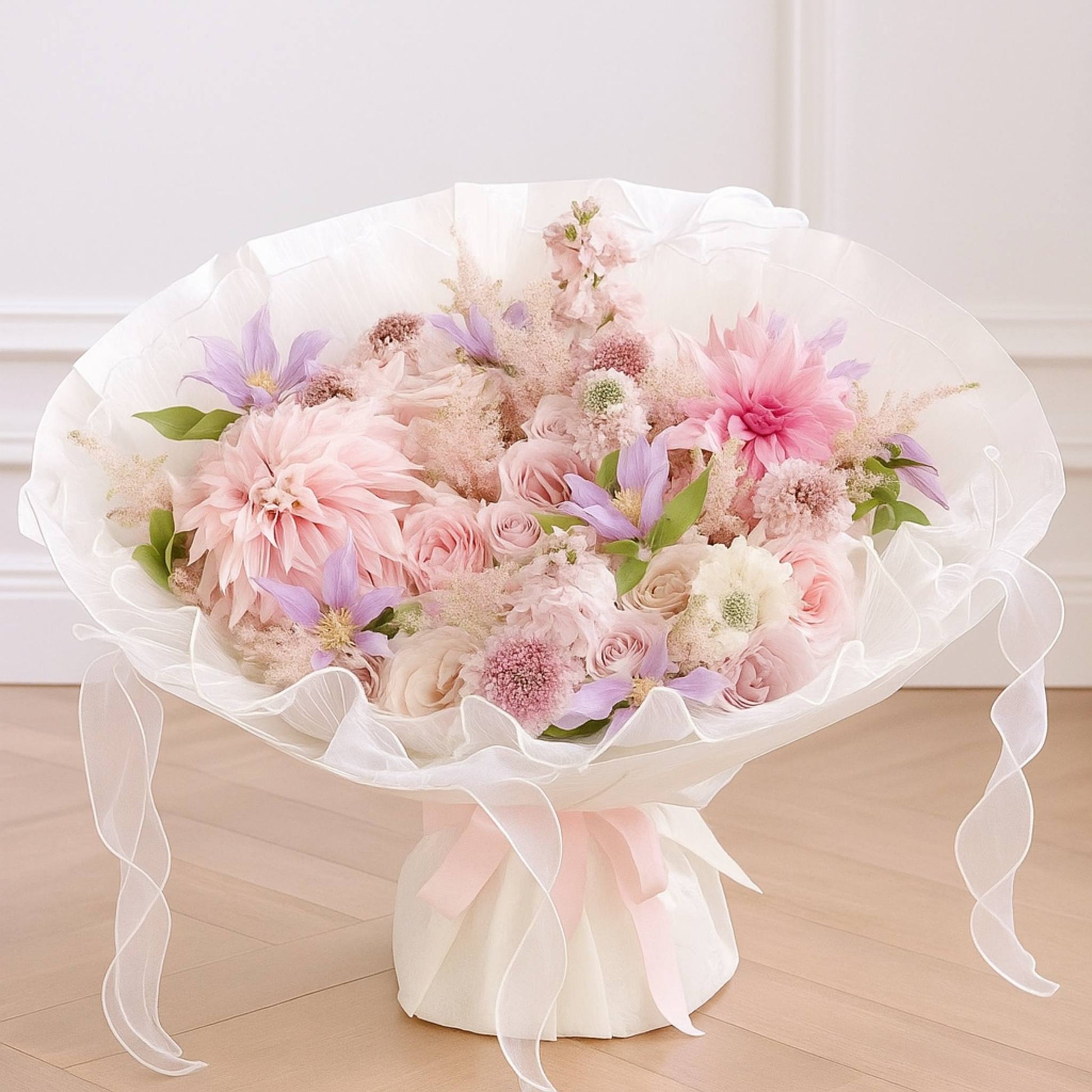 Bouquet of pink and white flowers with ribbons on a light wooden floor.
