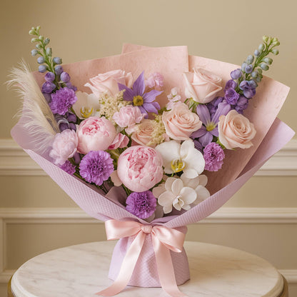 Bouquet of pink, purple, and white flowers wrapped in pink paper on a white surface.