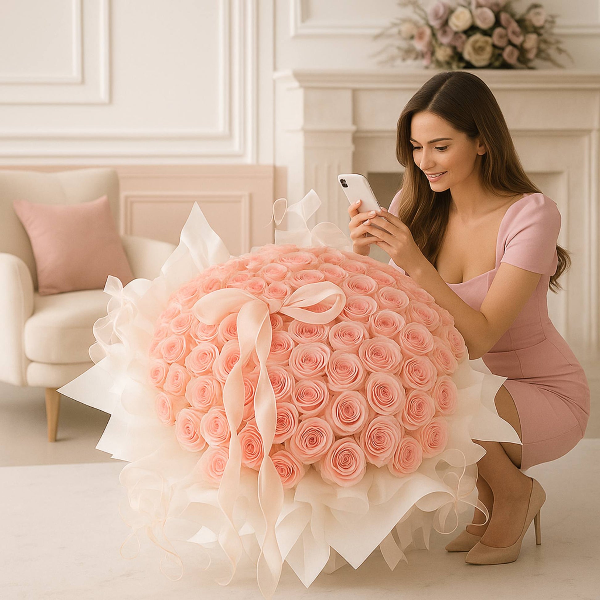 Woman in a pink dress kneeling next to a large heart-shaped arrangement of pink roses in a living room.
