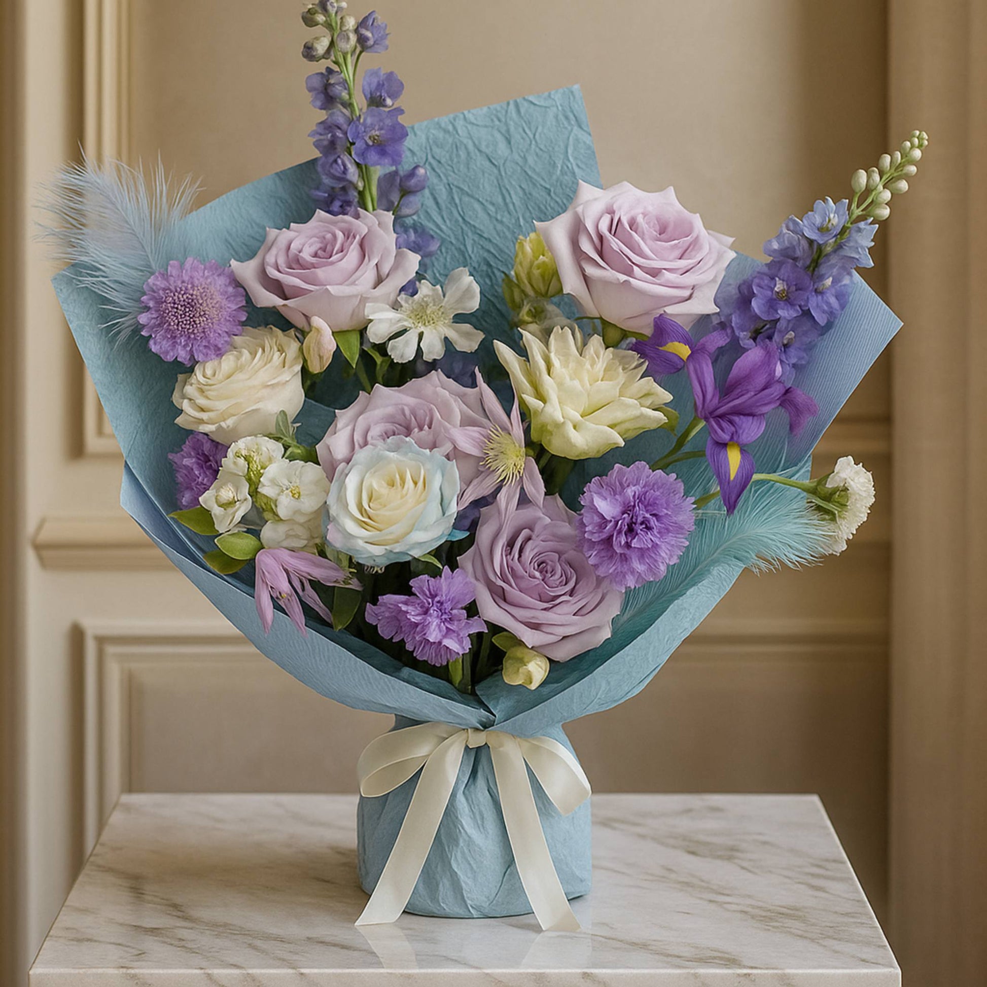 Bouquet of flowers wrapped in blue paper with a white ribbon on a marble surface.