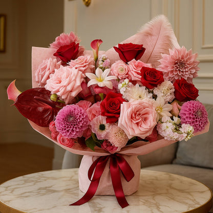Bouquet of red, pink, and white flowers with a red ribbon on a marble surface.