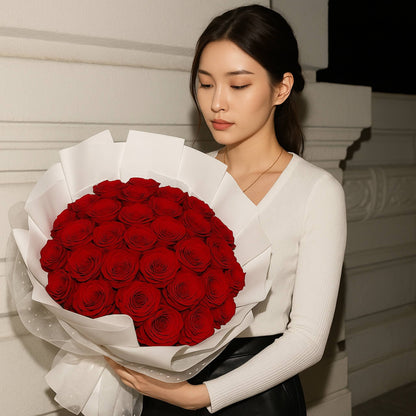 Woman holding a large bouquet of red roses against a neutral background