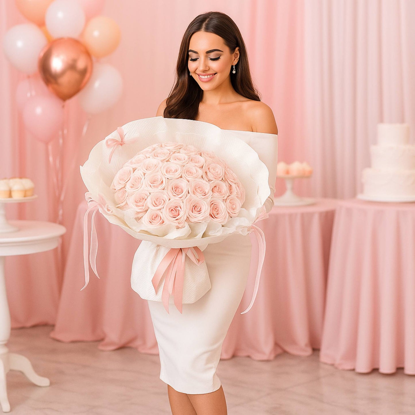 Woman holding a large bouquet of pink roses in a celebratory setting with balloons and cake.