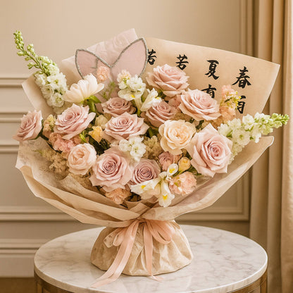 Bouquet of pink roses and white flowers wrapped in brown paper with decorative elements on a marble surface.