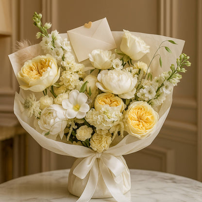 Bouquet of yellow and white flowers with a letter on a marble surface.