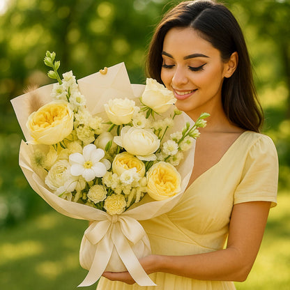 Woman holding a bouquet of yellow and white flowers in a natural setting