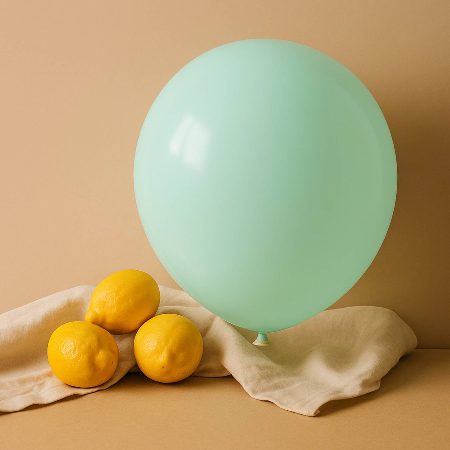 Green balloon and lemons on a beige cloth against a beige background