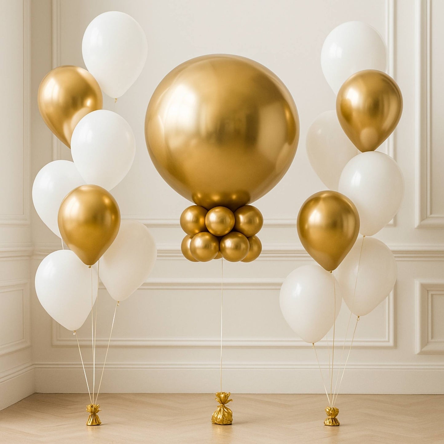 Gold and white balloons arranged in a decorative setup against a light-colored wall.