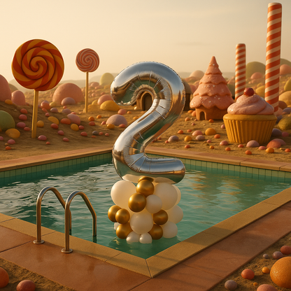 Silver balloon shaped like the number '2' by a pool with candy-themed surroundings