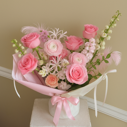 Secret Garden Luxe Pink Bouquet - Soft-Color Theme, Bow-Tied Wrap