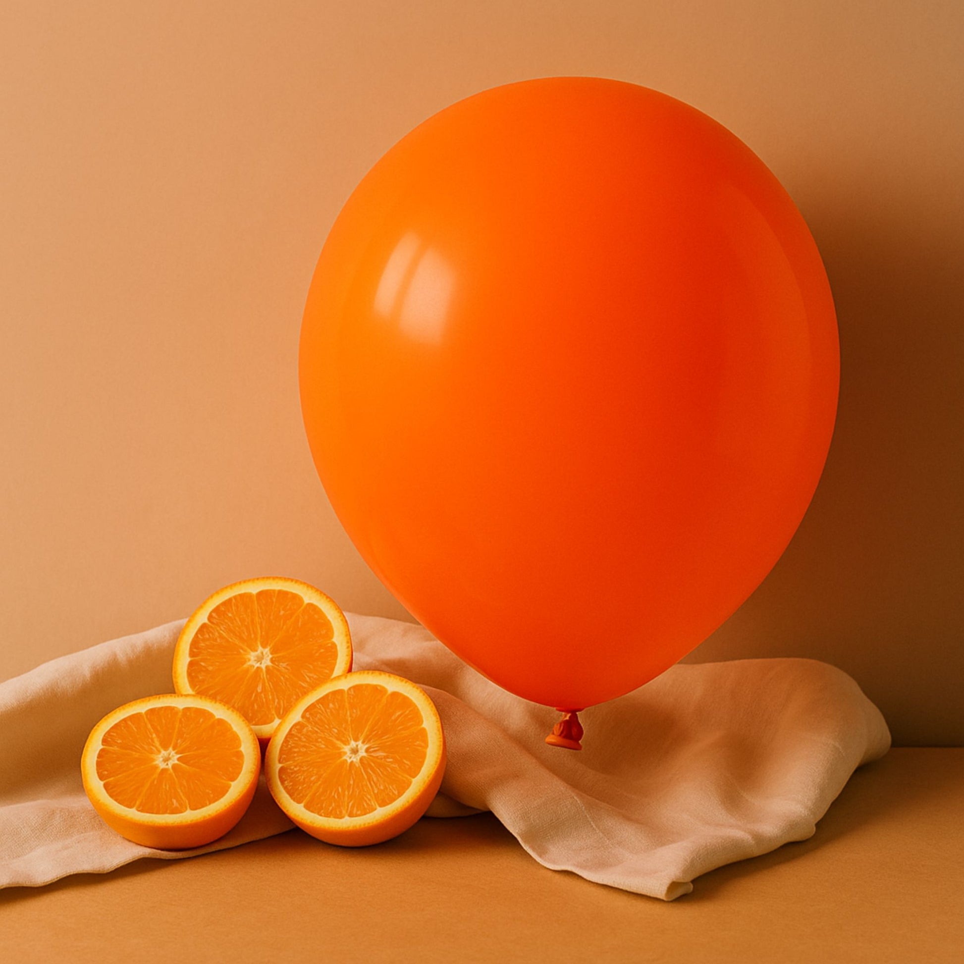 Orange balloon and sliced oranges on a beige cloth against a beige background