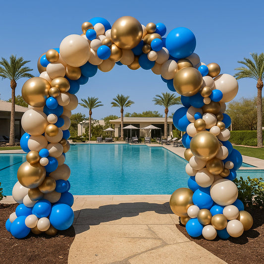 Organic Ocean Blue with Chrome Gold Outdoors or Indoor Balloon Arch