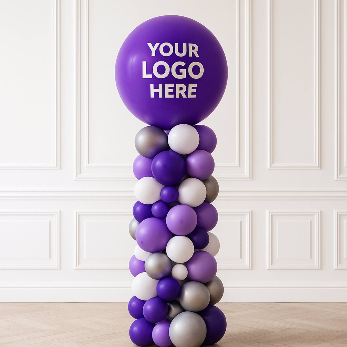 Balloon column with a purple balloon labeled 'Your Logo Here' against a white paneled wall.