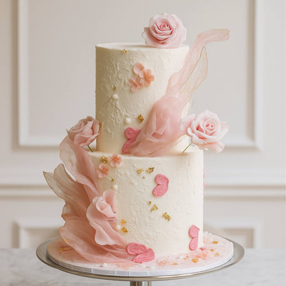Delicate two-tiered cake with pink flowers and ruffles on a neutral background