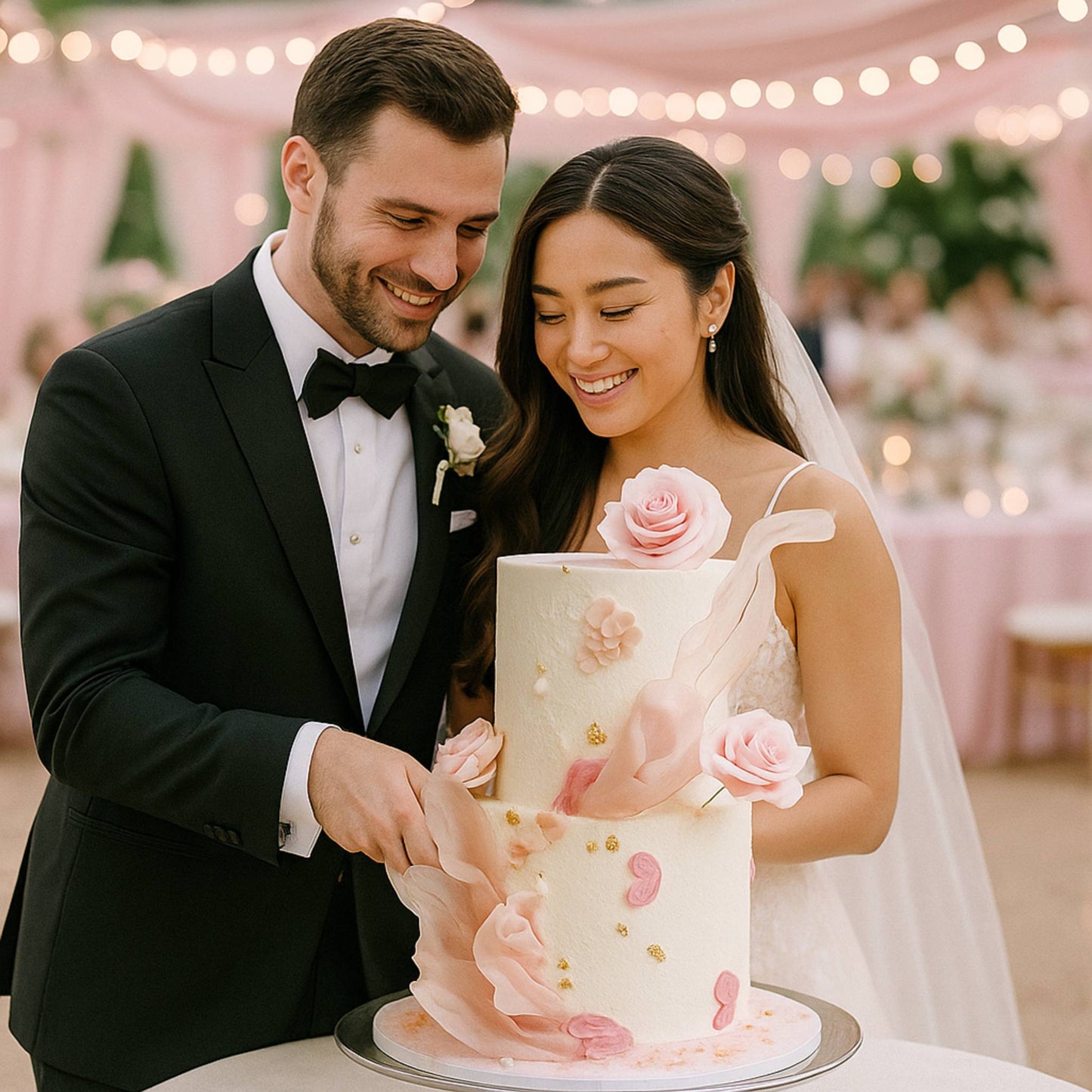Couple cutting a wedding cake with pink flowers in a festive setting.