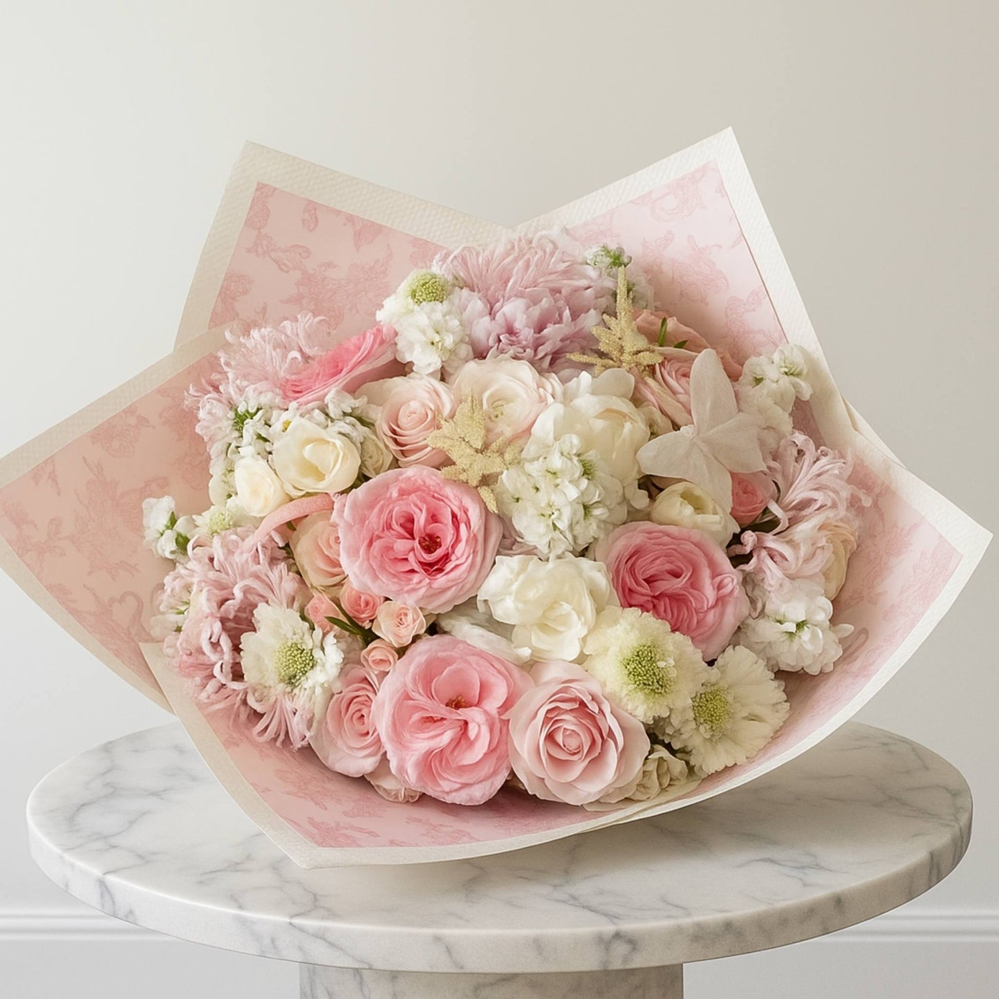 Bouquet of pink and white flowers on a marble pedestal with a light background