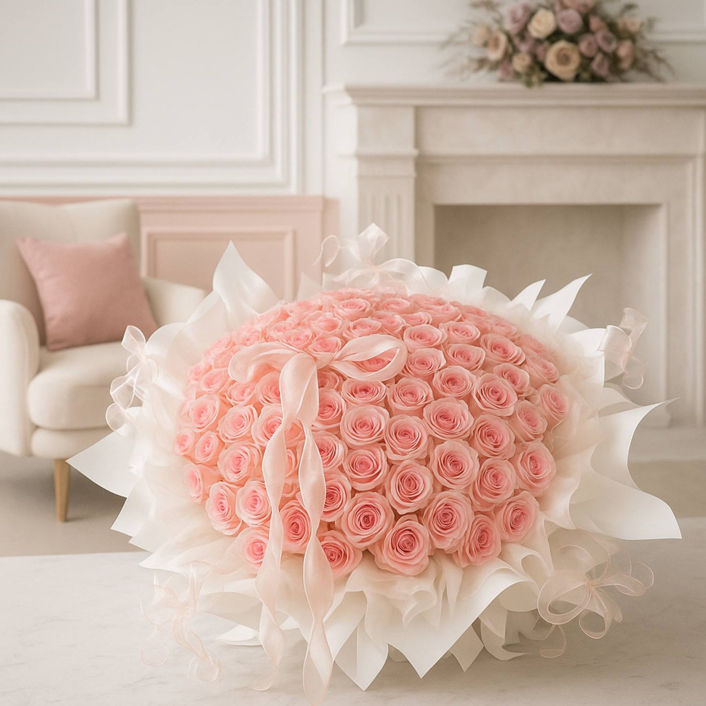 Heart-shaped arrangement of pink roses with white ribbons in a room with a sofa and decorative flowers.