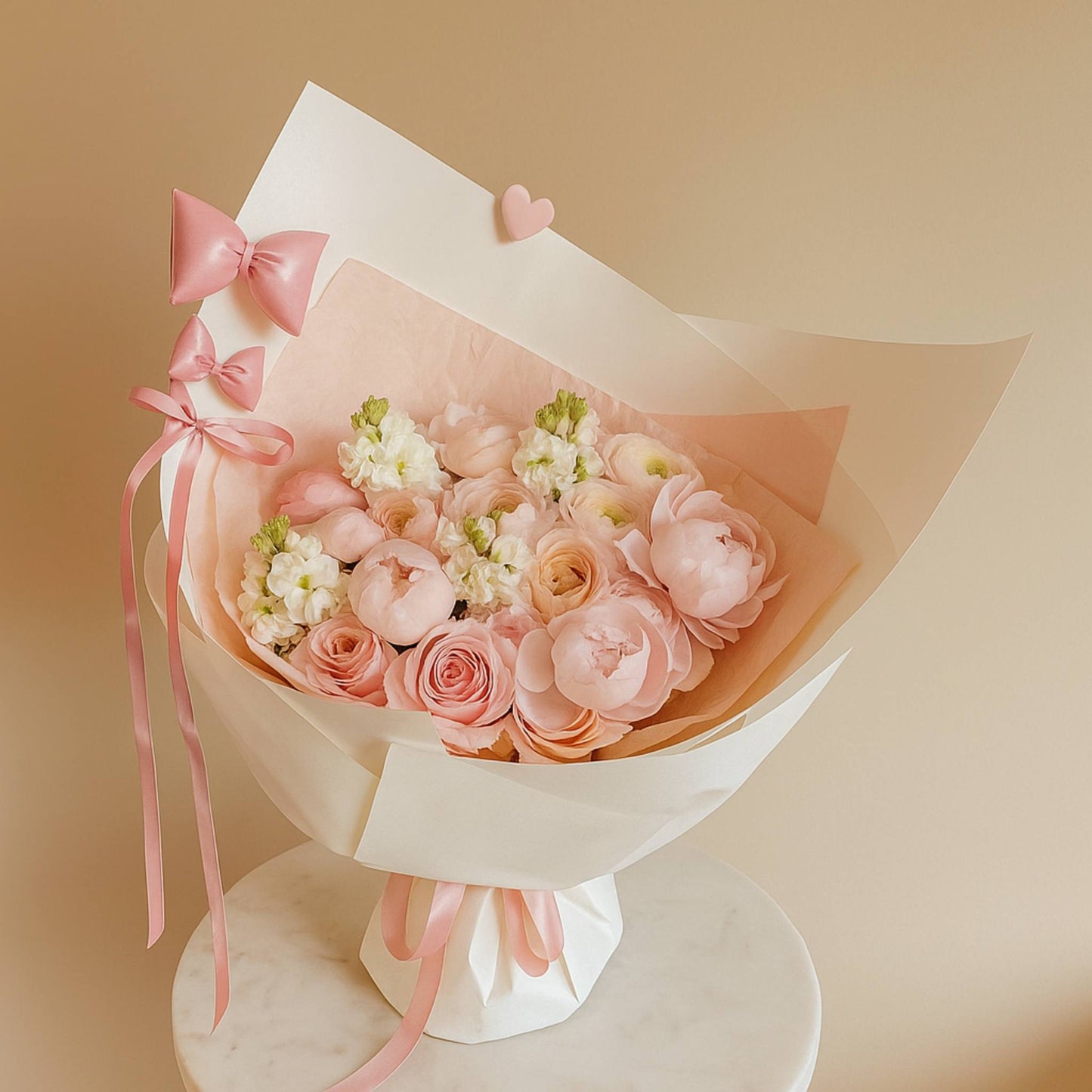 Bouquet of pink flowers with ribbons on a beige background