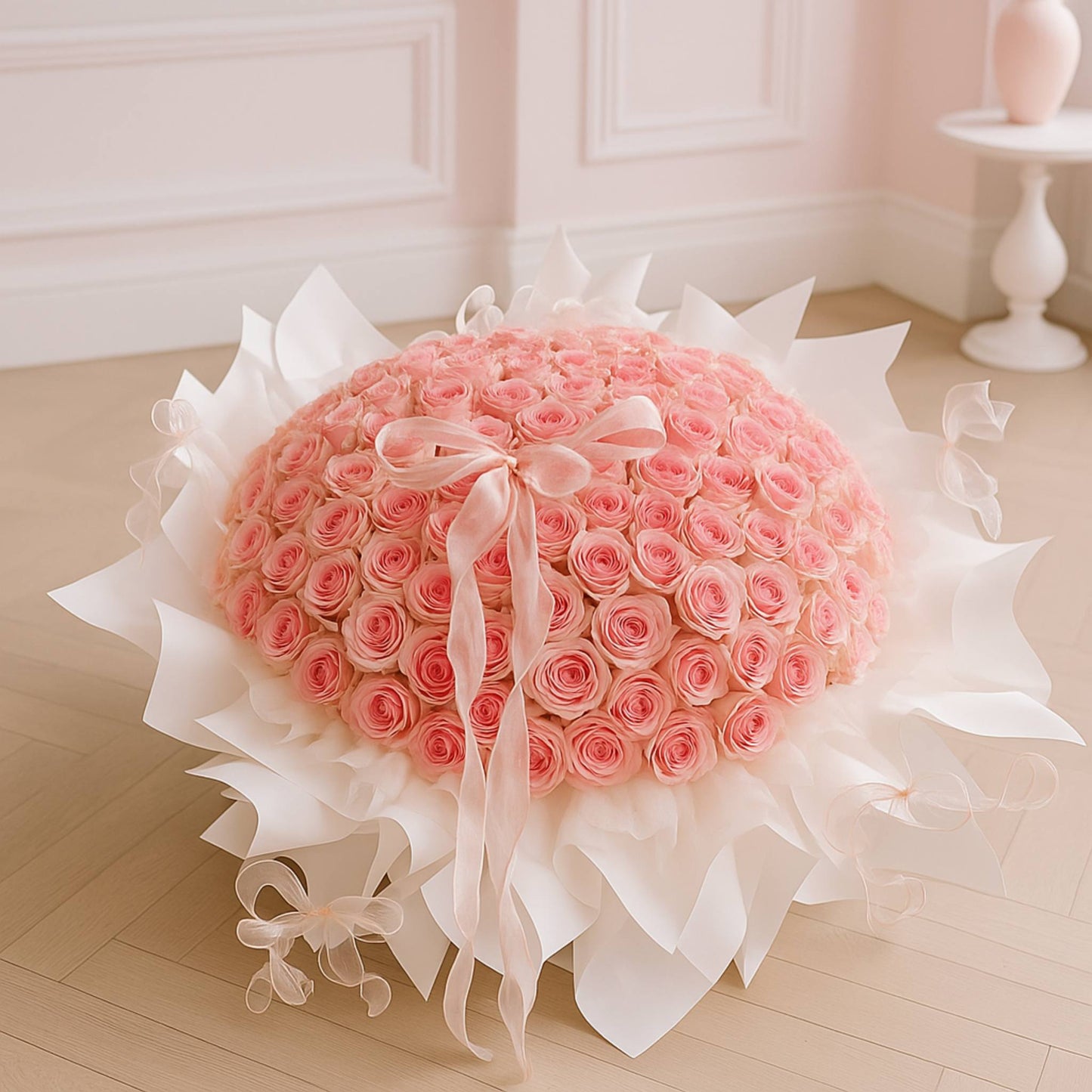 Heart-shaped arrangement of pink roses with white ribbons on a wooden floor.