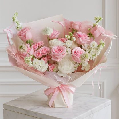 Bouquet of pink and white flowers wrapped in pink paper with a bow on a marble surface.
