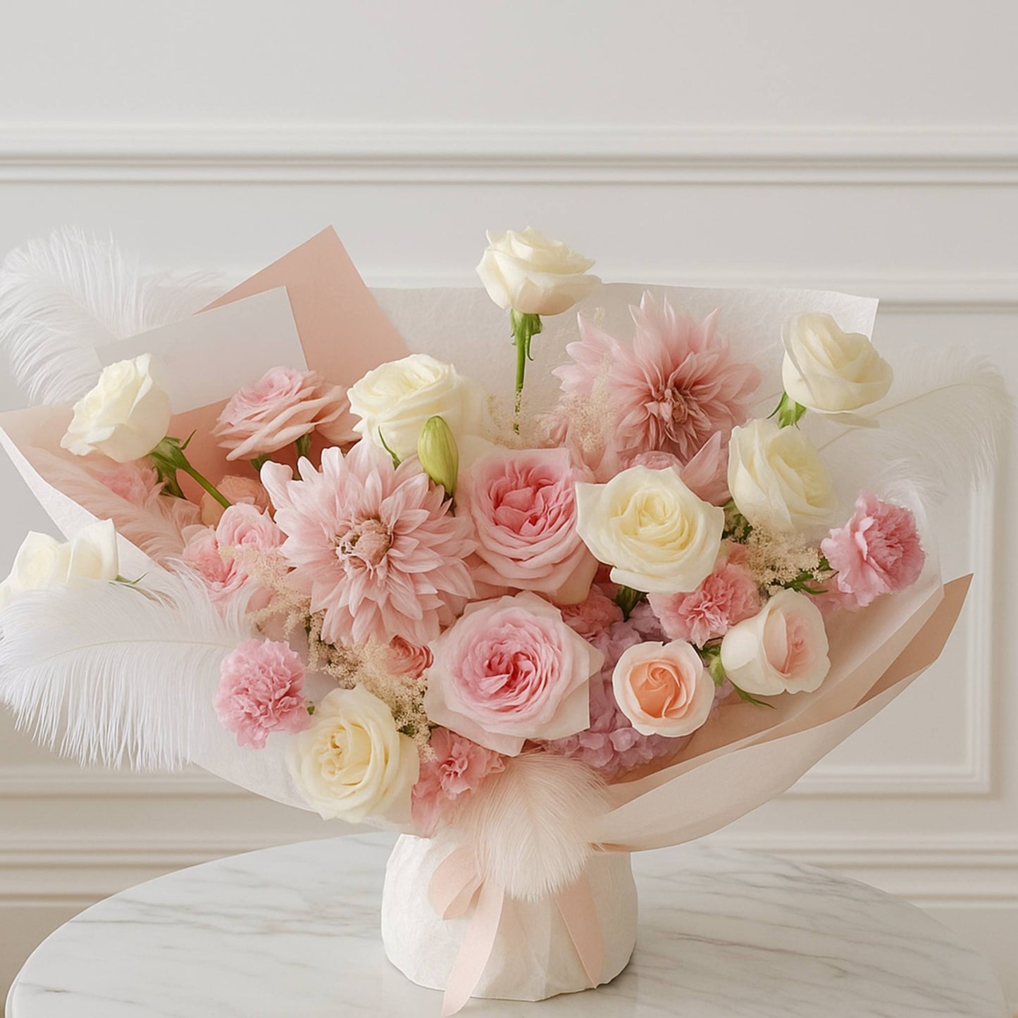 Bouquet of pink and white flowers on a white surface with a light-colored wall background