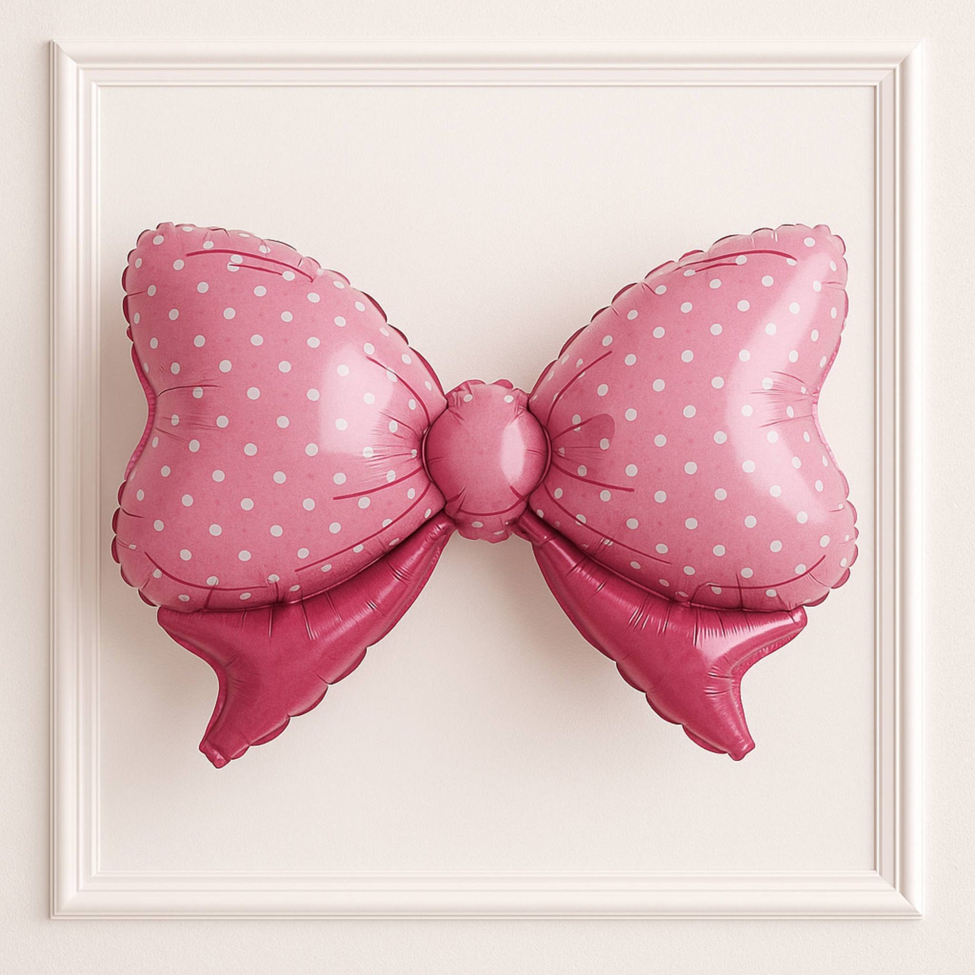 Pink bow-shaped balloon with white polka dots on a light pink background