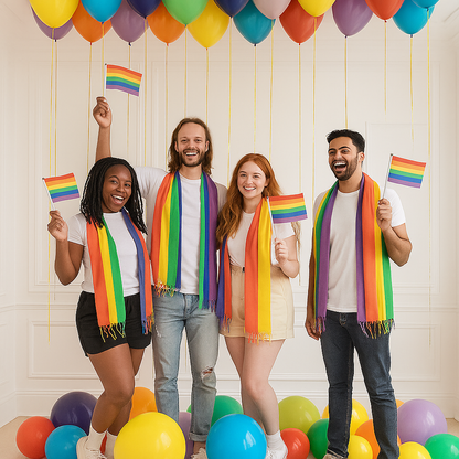 Four people holding rainbow flags and scarves in a room with colorful balloons.