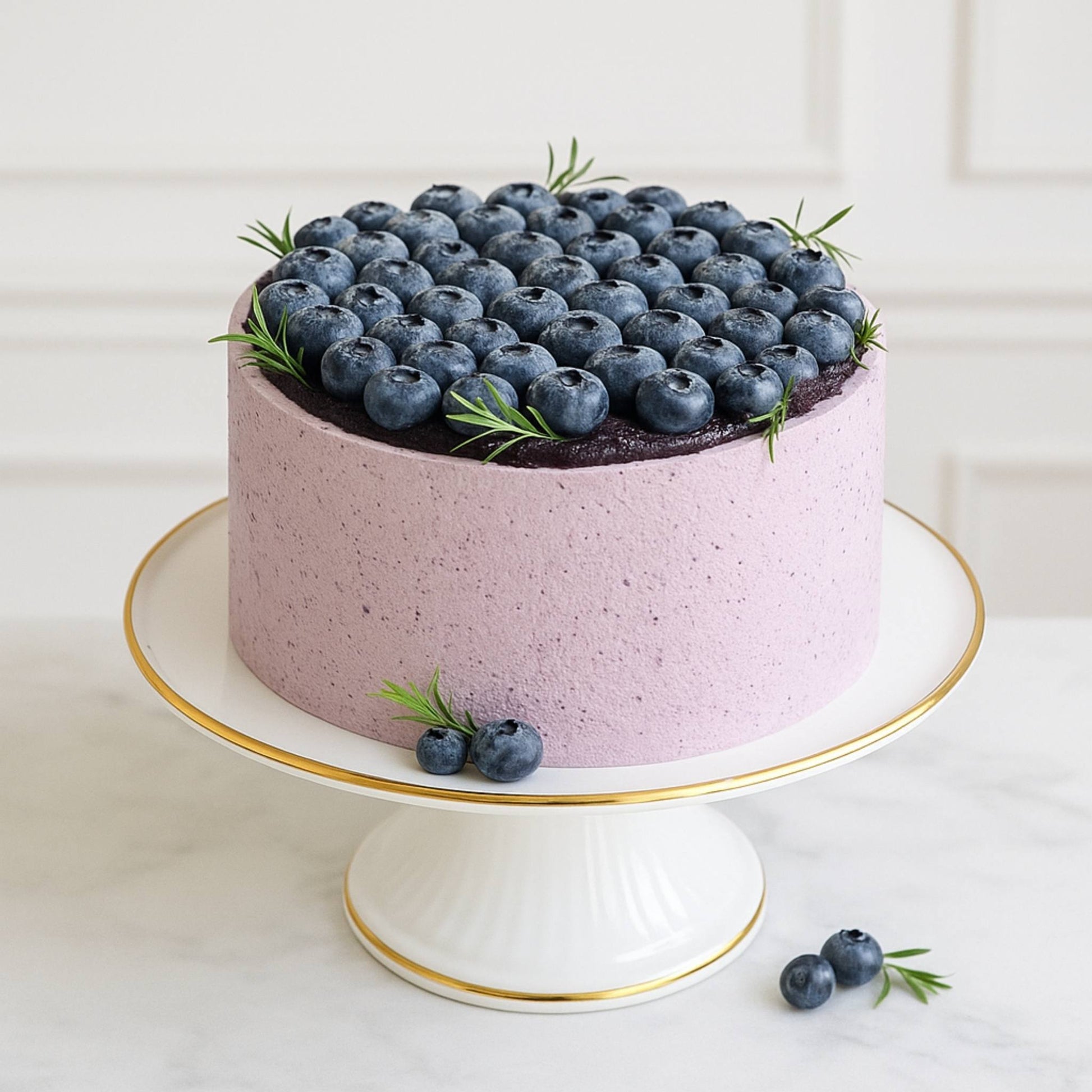 Pink cake with blueberries on a white stand against a white background