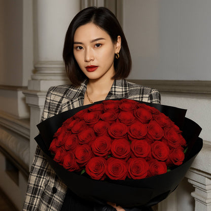 Woman holding a large bouquet of red roses indoors