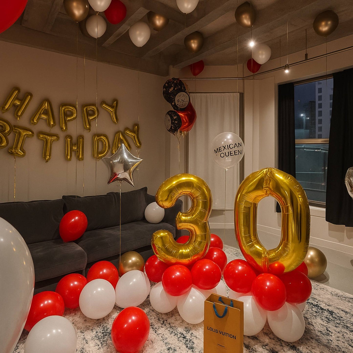 Birthday celebration with balloons, 'Happy Birthday' and number '30' decorations in a room.