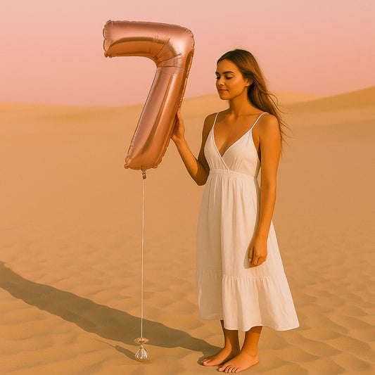 Woman in a white dress holding a large rose gold number 7 balloon in a desert setting.