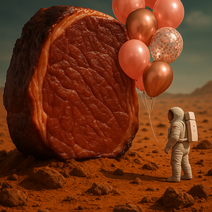 A person in an astronaut suit standing next to a large piece of meat with balloons in a desert-like setting.