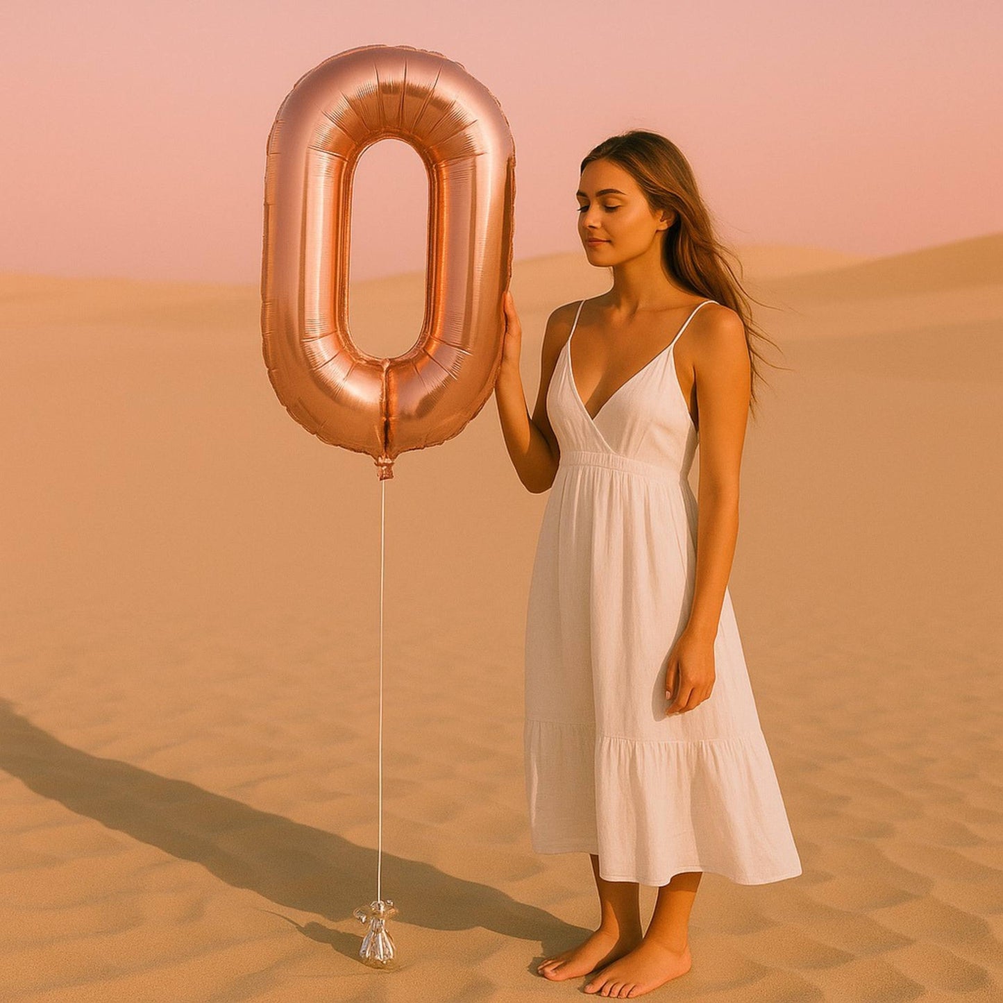 Woman in a white dress holding a large rose gold number zero balloon in a desert setting.