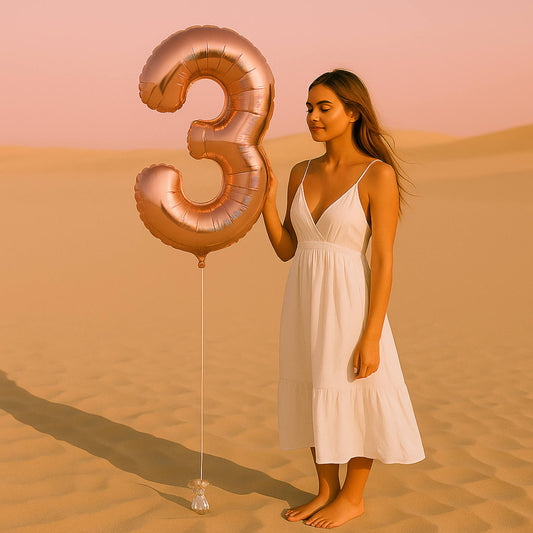 Woman in a white dress holding a large rose gold number three balloon in a desert setting.