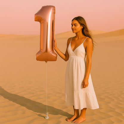 Woman in a white dress holding a large rose gold number '1' balloon in a desert setting.