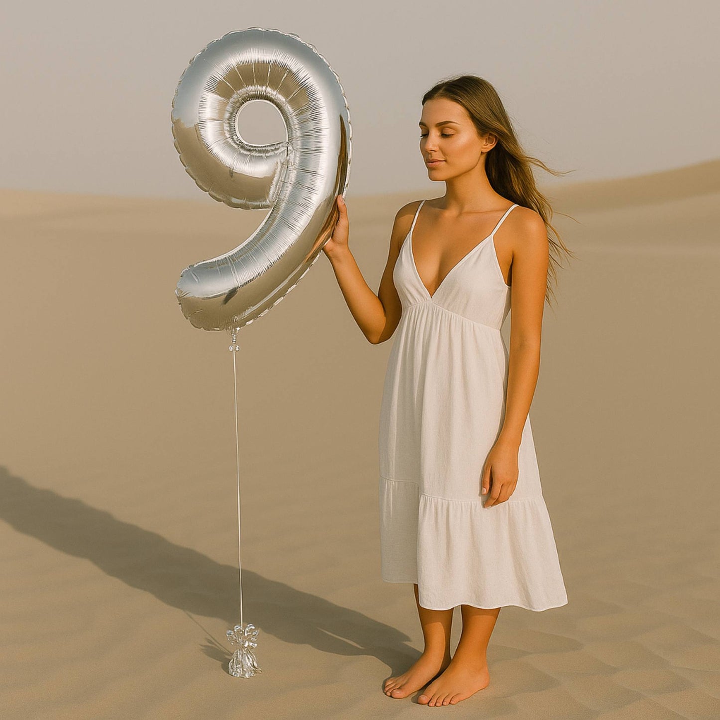 Woman in a white dress holding a large silver number '9' balloon in a desert setting