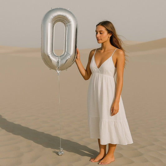 Woman in a white dress holding a large silver number zero balloon in a desert setting